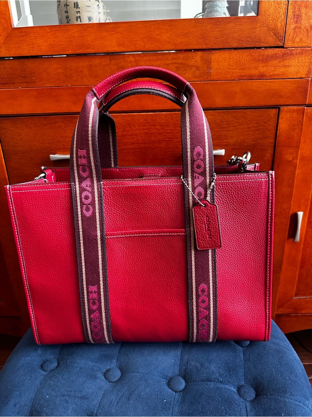 Coach Red Pebbled Leather Tote with Branded Web Straps